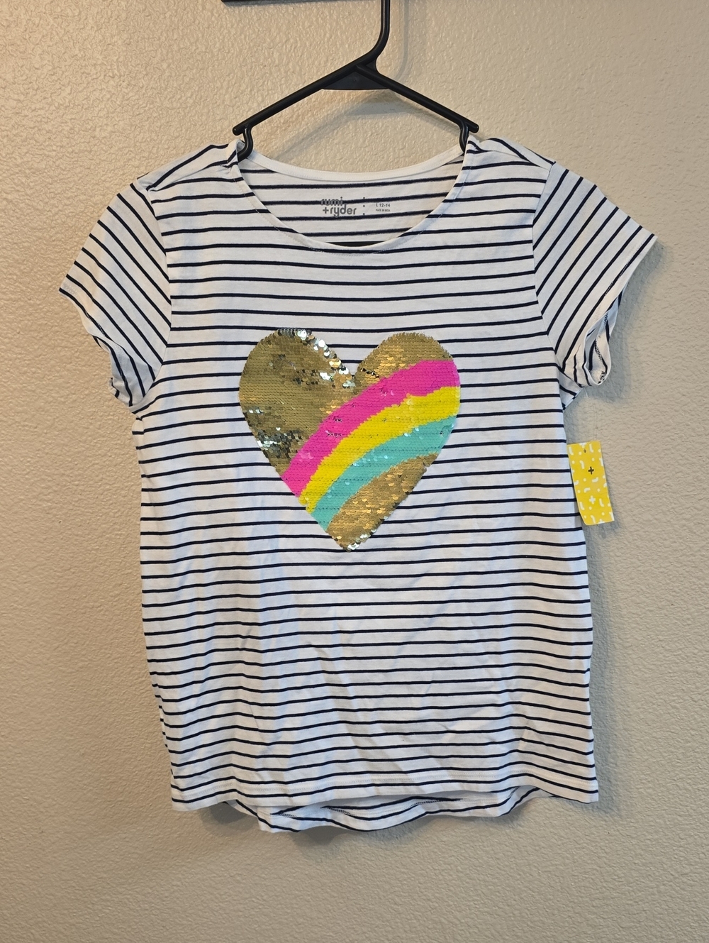 Wonder Nation Girls' White Stripe Short Sleeve Sequin Heart Tee